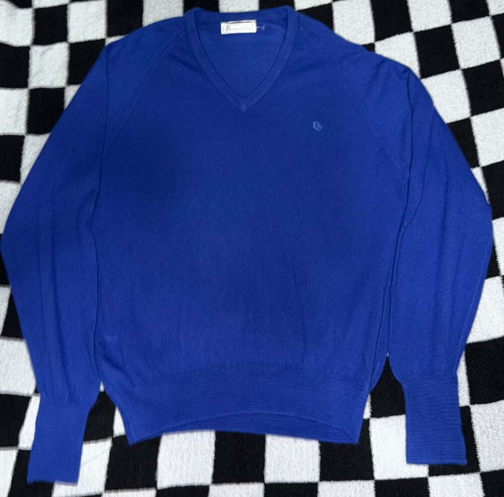 Vintage Christian Dior Monsieur Blue V-Neck Orlon Acrylic Sweater